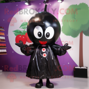 Black Cherry mascot costume character dressed with a Raincoat and Shoe laces