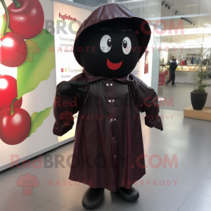 Black Cherry mascot costume character dressed with a Raincoat and Shoe laces