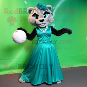 Teal Puma mascot costume character dressed with a Ball Gown and Ties