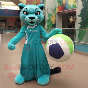 Teal Puma mascot costume character dressed with a Ball Gown and Ties