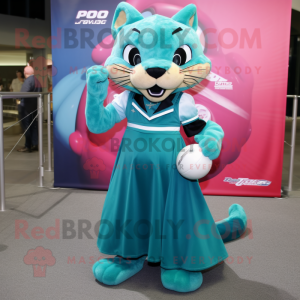 Teal Puma mascot costume character dressed with a Ball Gown and Ties