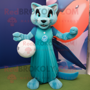 Teal Puma mascot costume character dressed with a Ball Gown and Ties