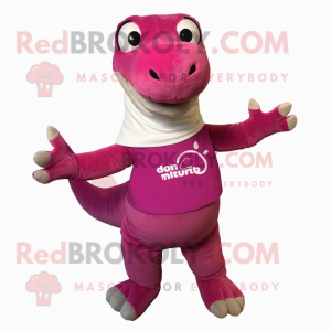 Magenta Diplodocus mascot costume character dressed with a Jeans and Wraps
