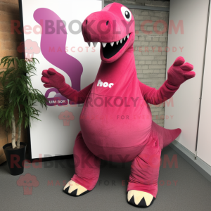 Magenta Diplodocus mascot costume character dressed with a Jeans and Wraps