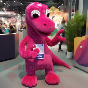 Magenta Diplodocus mascot costume character dressed with a Jeans and Wraps