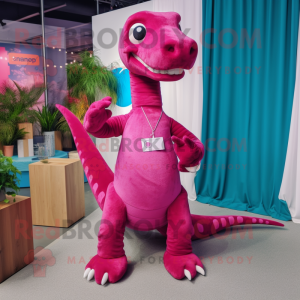 Magenta Diplodocus mascot costume character dressed with a Jeans and Wraps