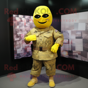 Yellow American Soldier mascot costume character dressed with a Coat and Cummerbunds