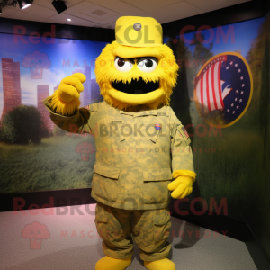 Yellow American Soldier mascot costume character dressed with a Coat and Cummerbunds
