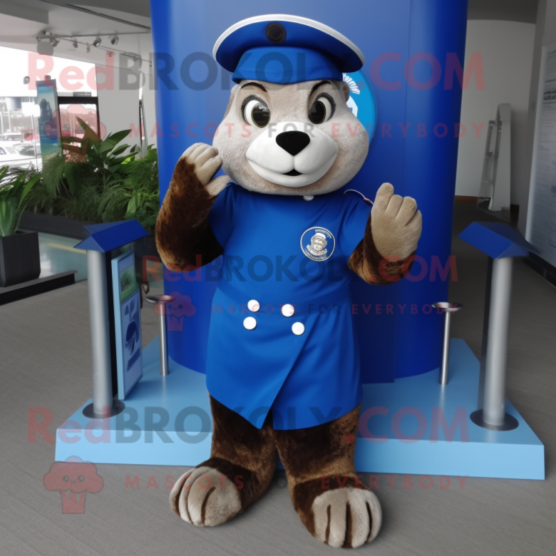 Navy Otter mascot costume character dressed with a Long Sleeve Tee and Rings Navy Otter mascot costume character dressed with a Long Sleeve Tee and Rings