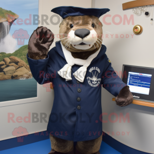 Navy Otter mascot costume character dressed with a Long Sleeve Tee and Rings