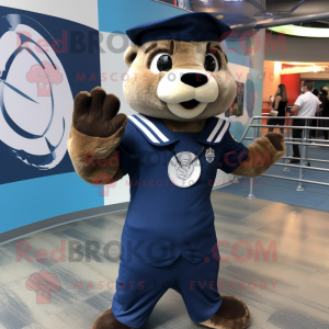 Navy Otter mascot costume character dressed with a Long Sleeve Tee and Rings