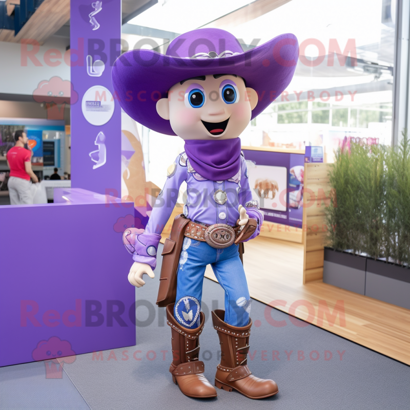 Lavender Cowboy mascot costume character dressed with a Mini Dress and Belts Lavender Cowboy mascot costume character dressed with a Mini Dress and Belts