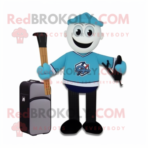 Cyan Ice Hockey Stick mascot costume character dressed with a Suit Pants and Briefcases