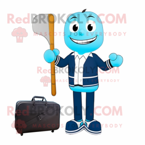 Cyan Ice Hockey Stick mascot costume character dressed with a Suit Pants and Briefcases