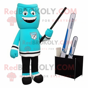 Cyan Ice Hockey Stick mascot costume character dressed with a Suit Pants and Briefcases