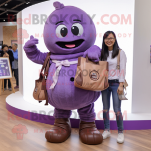 Purple Chocolates mascot costume character dressed with a Boyfriend Jeans and Handbags