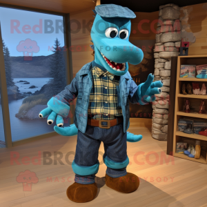 Sky Blue Loch Ness Monster mascot costume character dressed with a Flannel Shirt and Bow ties