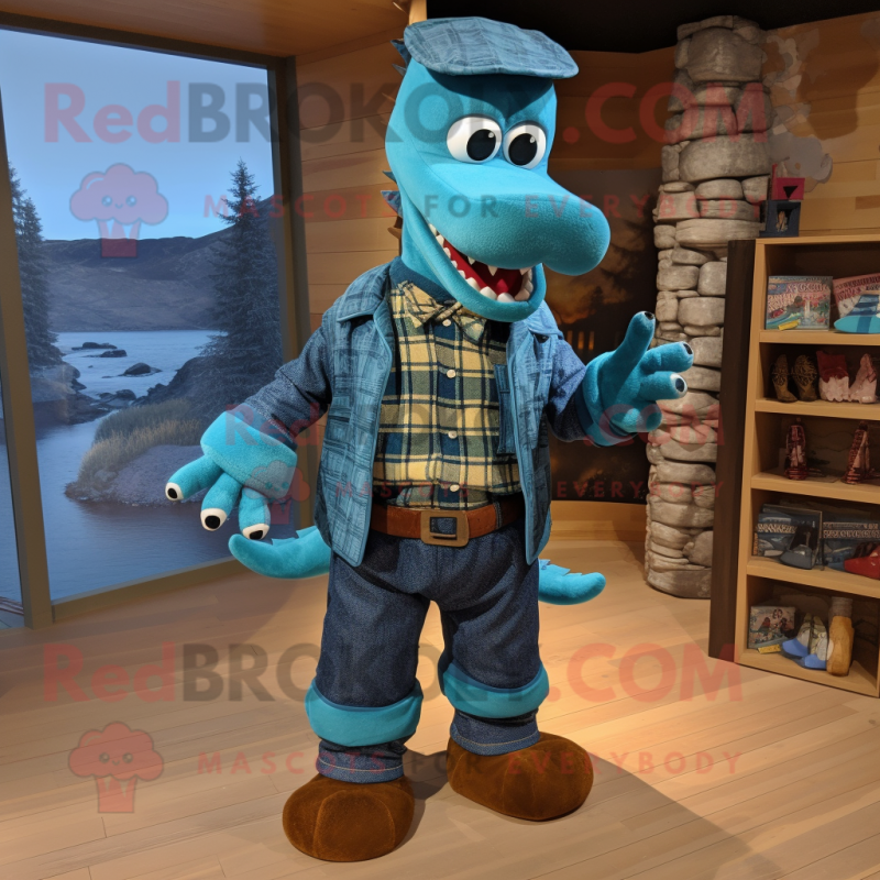 Sky Blue Loch Ness Monster mascot costume character dressed with a Flannel Shirt and Bow ties Sky Blue Loch Ness Monster mascot costume character dressed with a Flannel Shirt and Bow ties