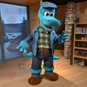 Sky Blue Loch Ness Monster mascot costume character dressed with a Flannel Shirt and Bow ties