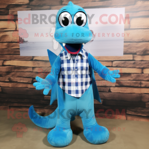 Sky Blue Loch Ness Monster mascot costume character dressed with a Flannel Shirt and Bow ties