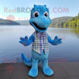 Sky Blue Loch Ness Monster mascot costume character dressed with a Flannel Shirt and Bow ties