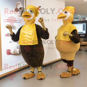 Gold Guinea Fowl mascot costume character dressed with a Yoga Pants and Hats