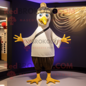 Gold Guinea Fowl mascot costume character dressed with a Yoga Pants and Hats