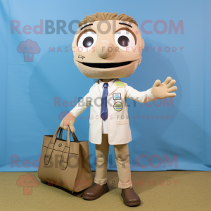 Beige Doctor mascot costume character dressed with a Blazer and Tote bags