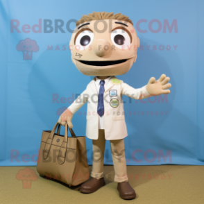 Beige Doctor mascot costume character dressed with a Blazer and Tote bags