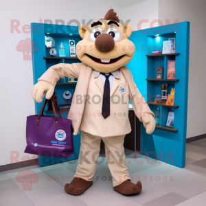 Beige Doctor mascot costume character dressed with a Blazer and Tote bags