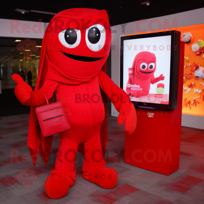 Red Ghost mascot costume character dressed with a Jumpsuit and Wallets Red Ghost mascot costume character dressed with a Jumpsuit and Wallets
