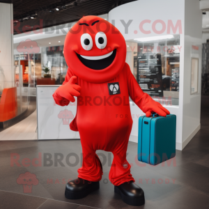 Red Ghost mascot costume character dressed with a Jumpsuit and Wallets