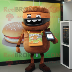 Rust Burgers mascot costume character dressed with a T-Shirt and Digital watches