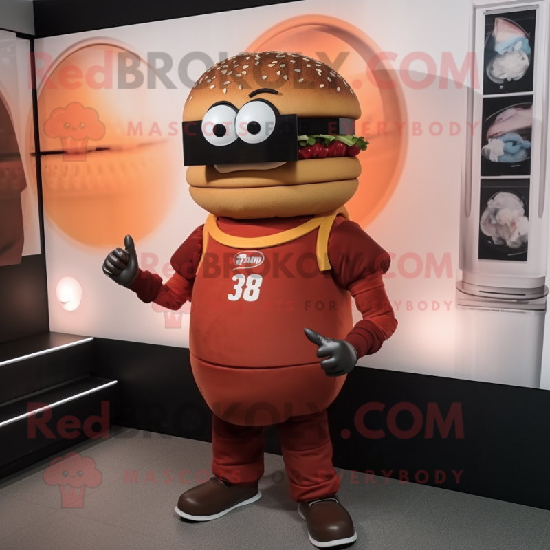 Rust Burgers mascot costume character dressed with a T-Shirt and Digital watches Rust Burgers mascot costume character dressed with a T-Shirt and Digital watches