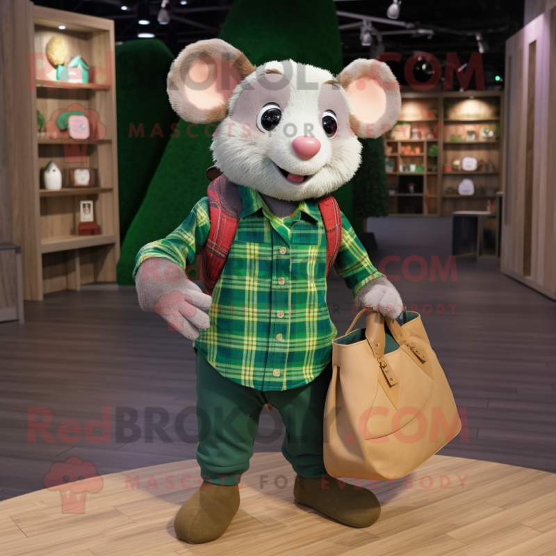 Green Dormouse mascot costume character dressed with a Flannel Shirt and Handbags Green Dormouse mascot costume character dressed with a Flannel Shirt and Handbags