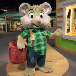 Green Dormouse mascot costume character dressed with a Flannel Shirt and Handbags