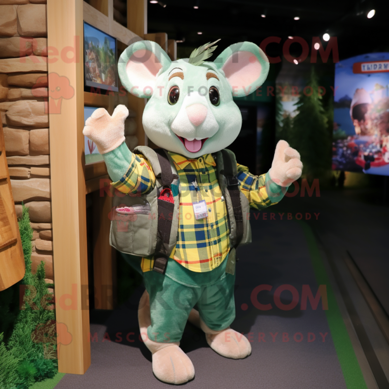 Green Dormouse mascot costume character dressed with a Flannel Shirt and Handbags Green Dormouse mascot costume character dressed with a Flannel Shirt and Handbags