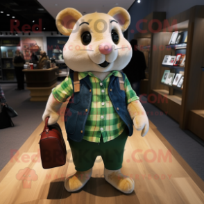 Green Dormouse mascot costume character dressed with a Flannel Shirt and Handbags