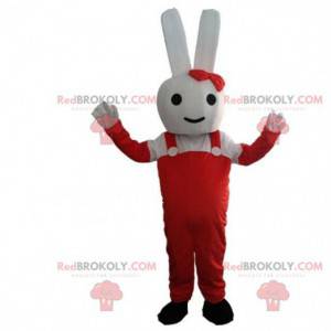 Mascote coelho branco vestido de vermelho, fantasia de coelho -