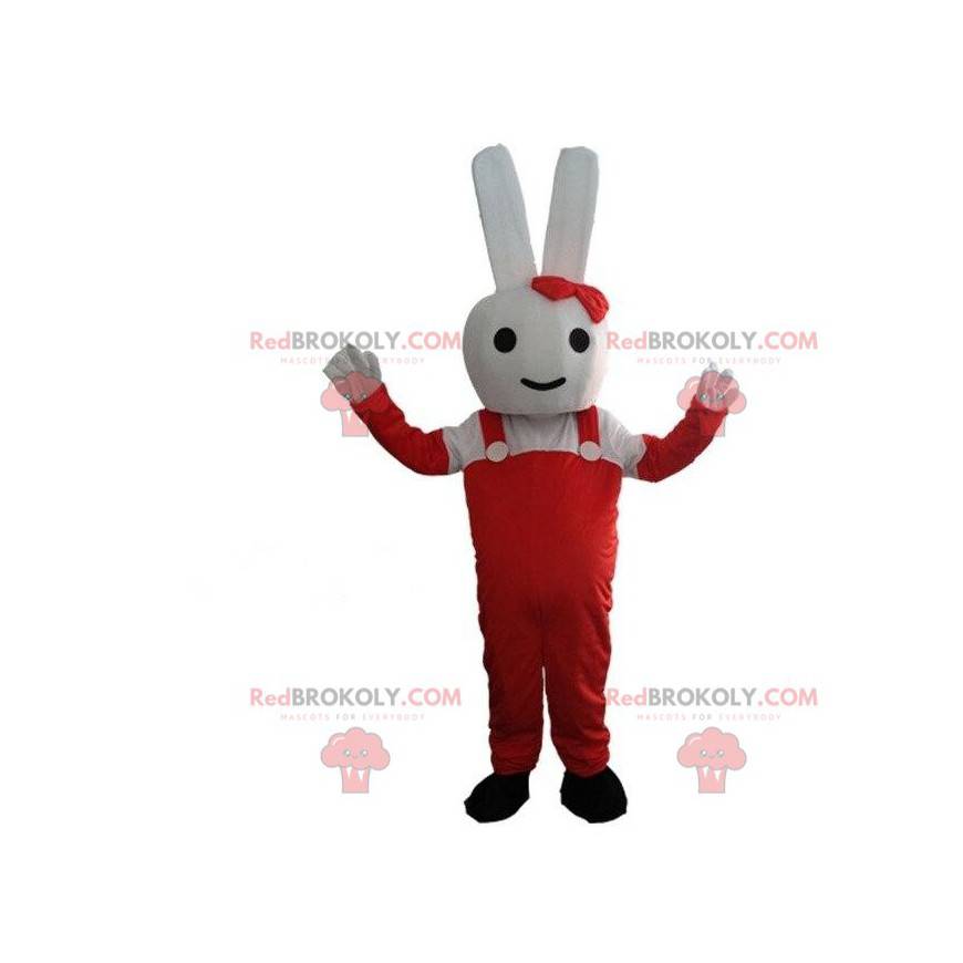 Weißes Kaninchenmaskottchen gekleidet im roten Kaninchenkostüm