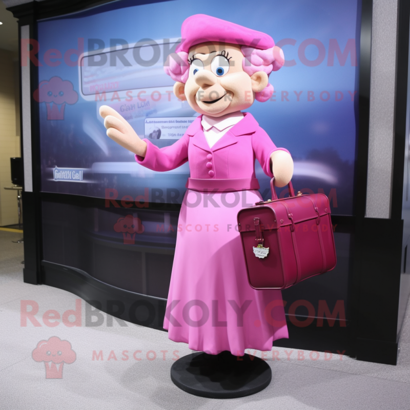 nan Pink mascot costume character dressed with a Evening Gown and Briefcases nan Pink mascot costume character dressed with a Evening Gown and Briefcases