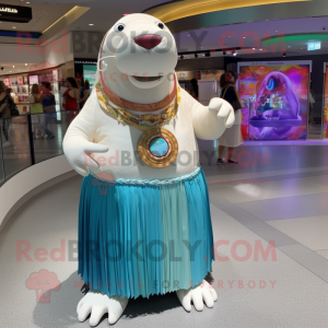 White Walrus mascot costume character dressed with a Circle Skirt and Bracelets