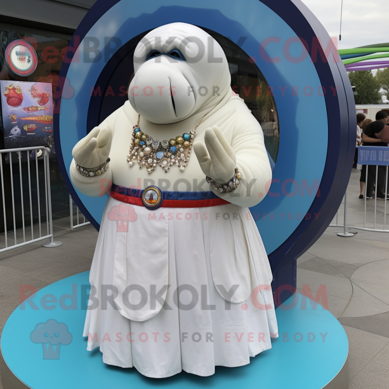 White Walrus mascot costume character dressed with a Circle Skirt and Bracelets