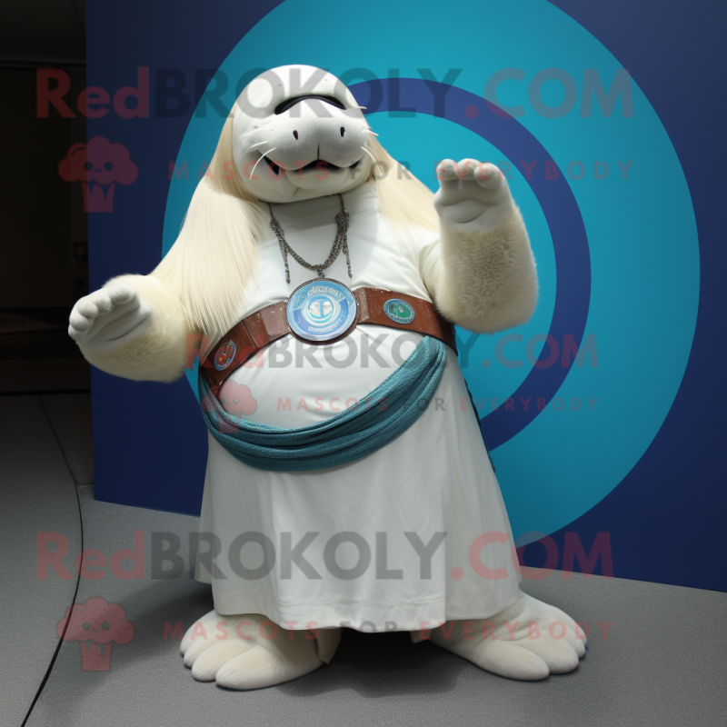 White Walrus mascot costume character dressed with a Circle Skirt and Bracelets