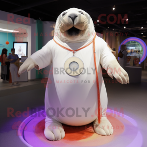 White Walrus mascot costume character dressed with a Circle Skirt and Bracelets