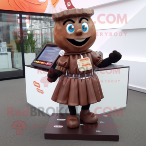 Rust Chocolate Bar mascot costume character dressed with a Pleated Skirt and Anklets