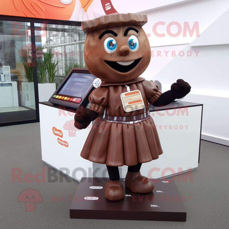 Rust Chocolate Bar mascot costume character dressed with a Pleated Skirt and Anklets Rust Chocolate Bar mascot costume character dressed with a Pleated Skirt and Anklets