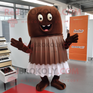 Rust Chocolate Bar mascot costume character dressed with a Pleated Skirt and Anklets