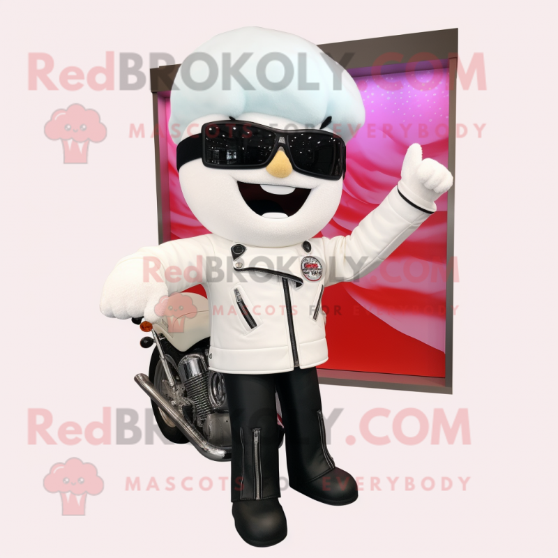 White Ice Cream mascot costume character dressed with a Moto Jacket and Earrings White Ice Cream mascot costume character dressed with a Moto Jacket and Earrings