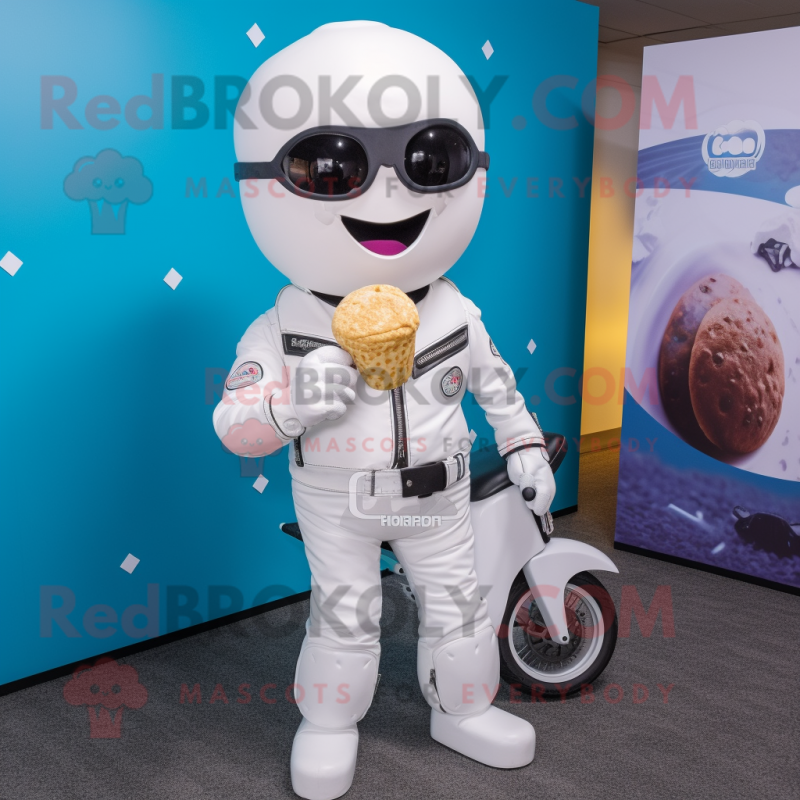 White Ice Cream mascot costume character dressed with a Moto Jacket and Earrings